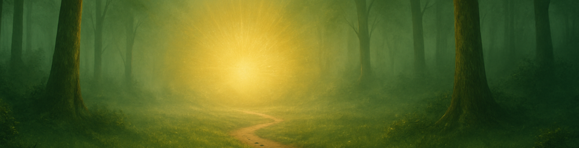 Lichtdurchfluteter Waldpfad im Nebel – spirituelle Symbolik für Seelenreise und innere Entwicklung